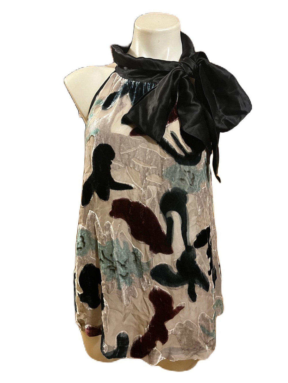 Poleci Multicolor Floral-Print Velvet Silk  Blouse with Black Bow Detail